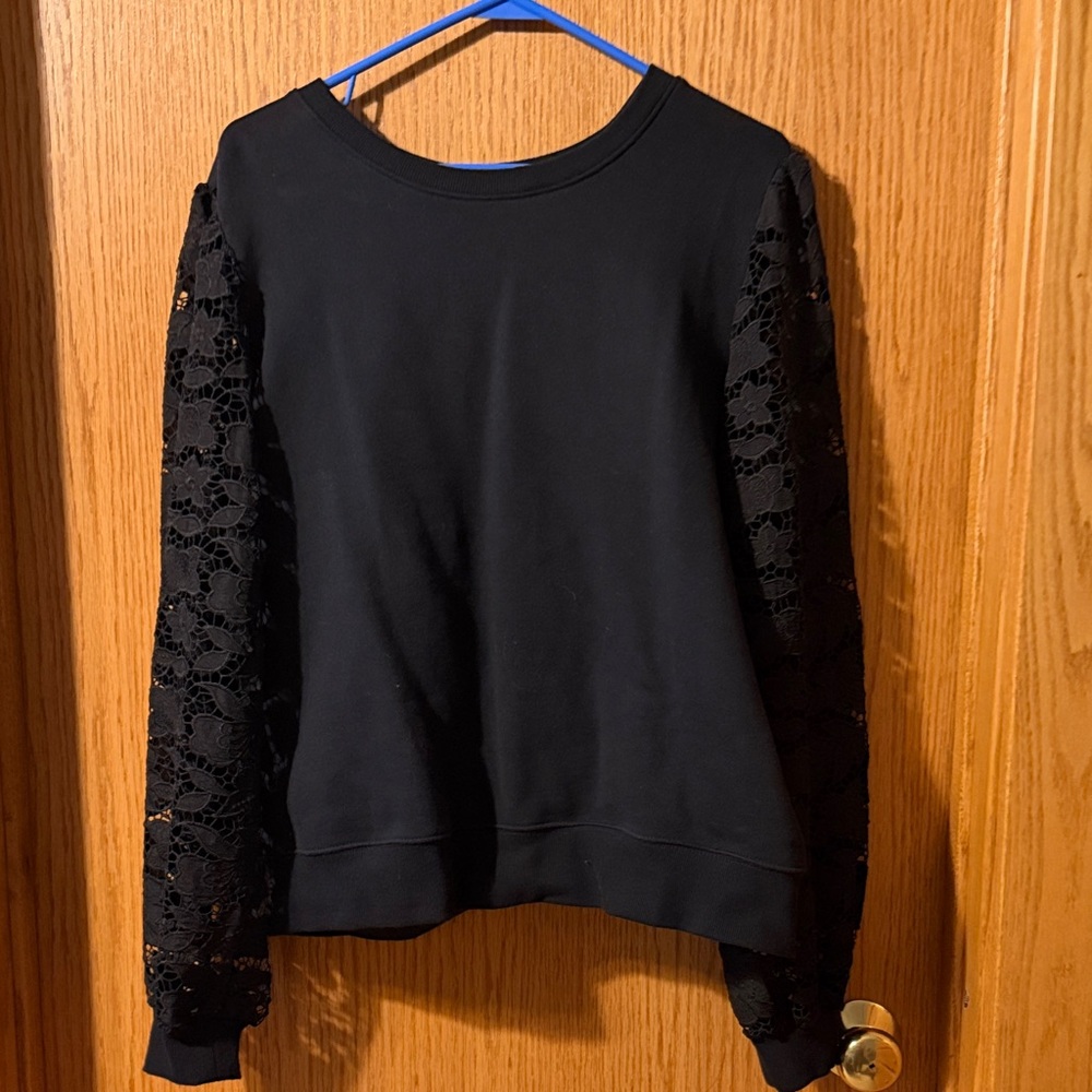Lands' End Black Sweatshirt with Lace Sleeves